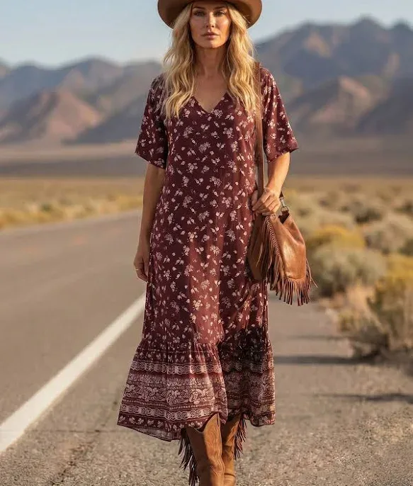 LanaWest Red Ditsy Floral Maxi Dress Women Wedding Guest Summer Party V-Neck Ruffle Hem Loose Fit Boho Ethnic Vacation B