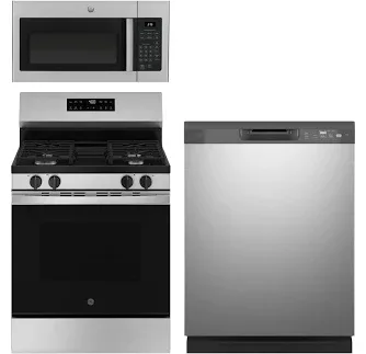 GE Appliances 3-Piece Kitchen Package with 30" Gas Range and 1.6 Cu. Ft. Microwave Oven in Stainless Steel