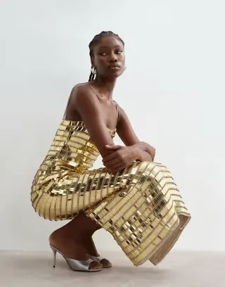 ARRANGE linear encrusted column cami maxi dress in gold