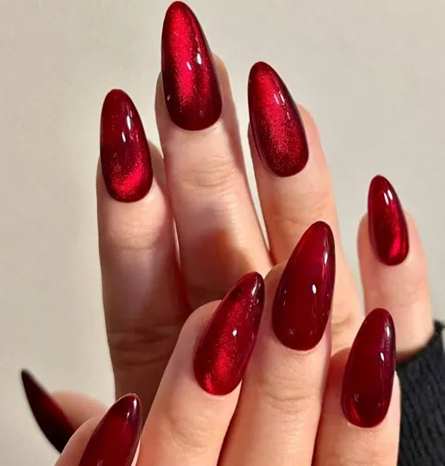 24pcs Blood Red Cat Eye Press-On Acrylic Nails Designs Long Almond Y2K Aesthetic False Nails Jelly Gel Nail File Women G