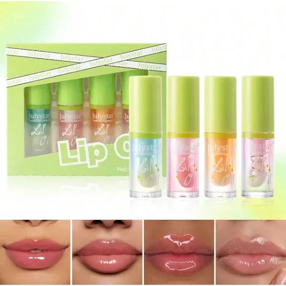 Julystar Multicolor 4-Piece Lip Oil Tint Hydrating Nourishing Gloss Set Head Brush Mirror Moisturizing Cantaloupe Lip Ma