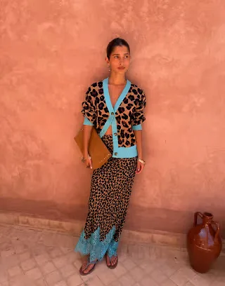 Never Fully Dressed Maeva satin bias maxi skirt with lace detail in leopard print