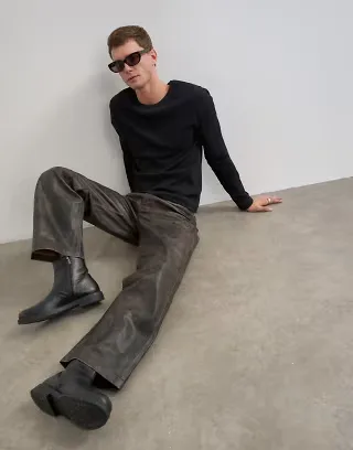Topman straight fit real leather trouser in espresso brown