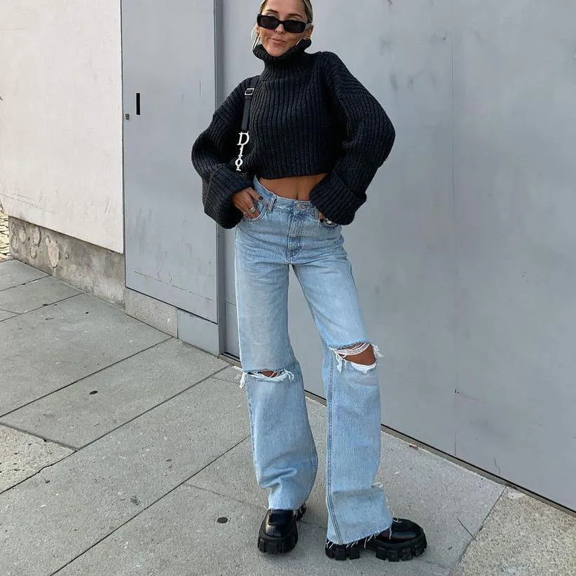 High Waist Ripped Stretch Loose Jeans