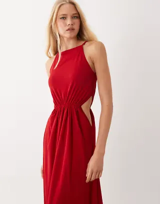 ASOS DESIGN halter neck midi dress with cut outs and full skirt in red