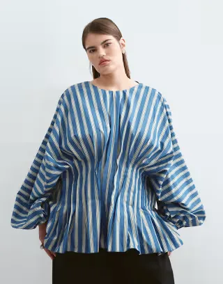 ARRANGE Curve volume sleeve pleated cinched waist top in blue stripe