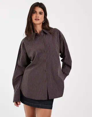 JJXX Jamie oversized poplin striped shirt in brown