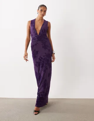 ASOS DESIGN flocked mesh plunge neck gathered waist maxi dress in purple
