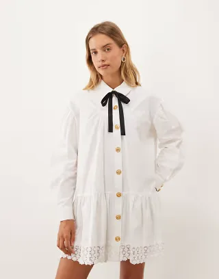Sister Jane Endora collar detail long sleeve dropped waist mini dress in white