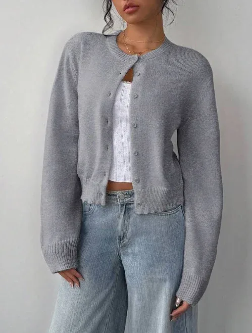 SHEIN Women's Round Neck Long Sleeve Loose Cropped Sweater Cardigan