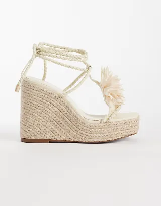 ASOS DESIGN Topaz square toe wedge with flower trim in beige