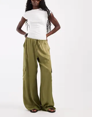 ASOS DESIGN satin wide leg utility pants in olive