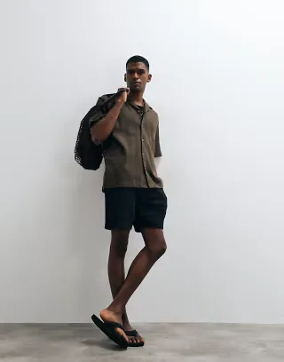 Selected waffle knit short sleeve shirt in brown