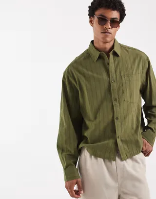 ASOS DESIGN boxy oversized linen look striped shirt with chest pocket in khaki
