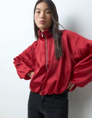 ASOS DESIGN sateen funnel neck track bomber jacket in red