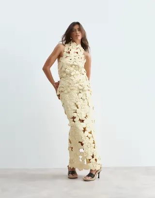 ARRANGE floral embroidered linen cutwork halterneck top and midi skirt set in buttermilk