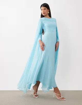Beauut chiffon cape sleeve crew neck maxi dress in bright blue