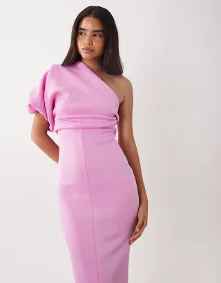 ASOS DESIGN scrunch one shoulder maxi dress in lilac scuba-style fabric