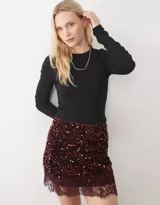 Vila Petite high waist sequin & velour mini skirt with lace trim in burgundy