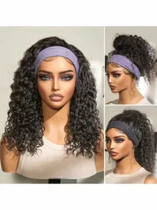 Curly Headband Wig Human Hair Deep Wave 30 Inch Human Hair Headband Wig Curly Hair Wig With Headband Attached No Lace Fr