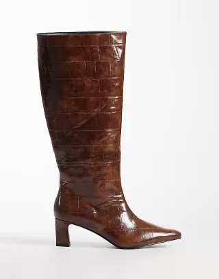 Public Desire Boomer heeled knee boots in tan croc
