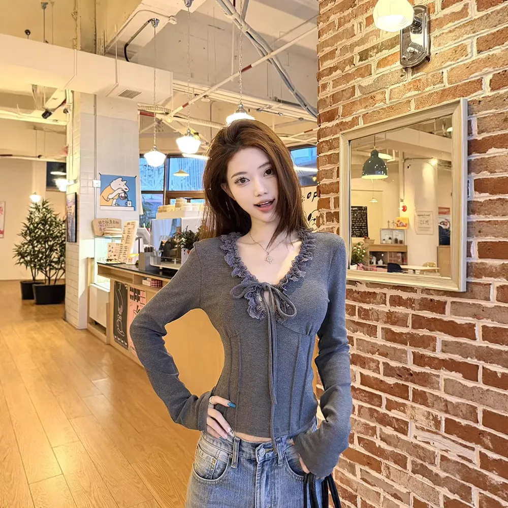 Gray Lace Trim Tie V-Neck Long Sleeve T-Shirt For Women Winter Slim Fit Short Base Shirt Top