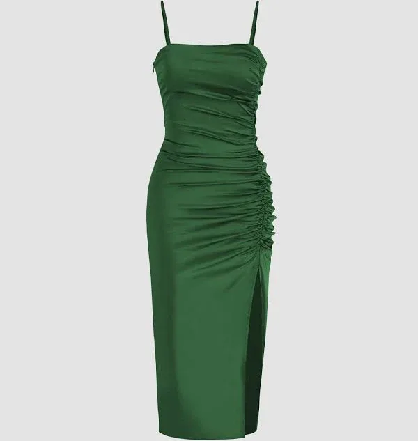 CIDER Women's Cocktail Date Night Formal Wedding Guest Graduation Homecoming Solid Satin Ruched Cami Midi Dress Split