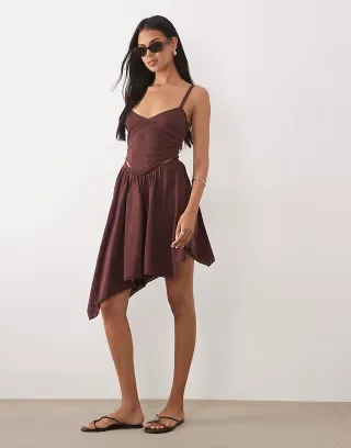 ASOS DESIGN hanky hem embroidered detail dress in brown