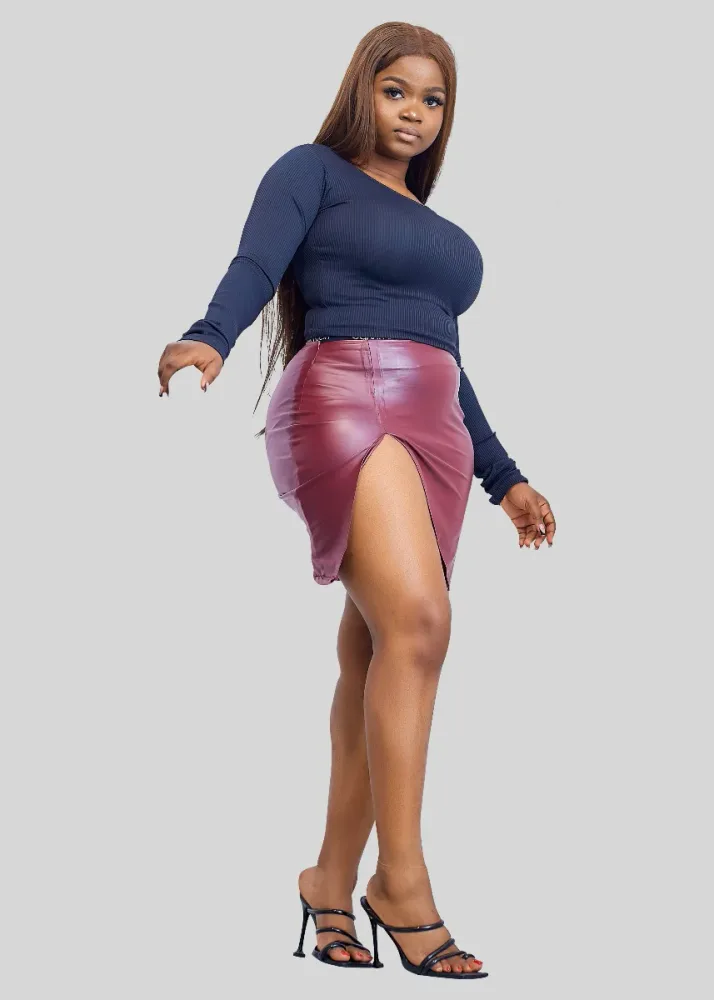 HIGH WAIST PU SLIT SKIRT