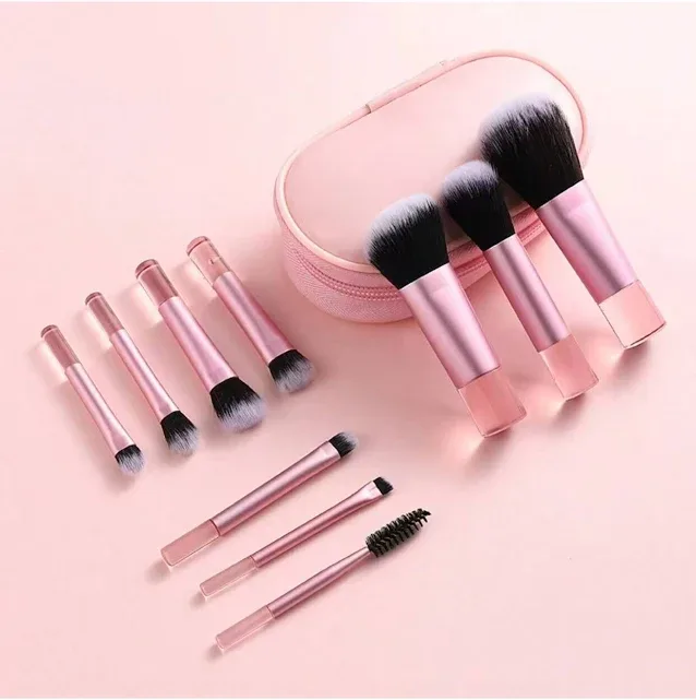 Pink 10pcs Mini Portable Makeup Brushes Sets Kits Cosmetic Brush Synthetic Fiber Disposable Professional Complete Make U