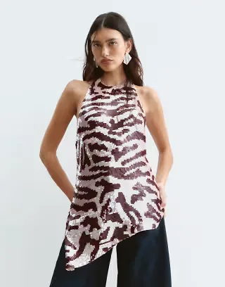 ARRANGE sequin embellished asymmetric halter top in pink animal print