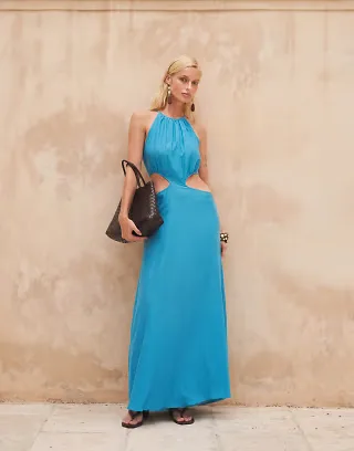 Kaiia exclusive cotton blend halterneck cut out detail maxi dress in aqua
