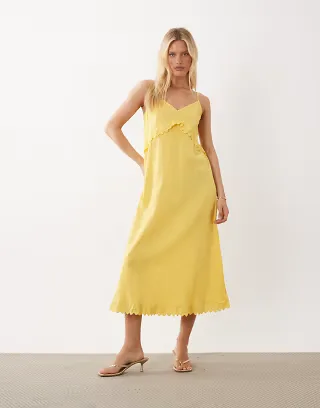 VILA frill trim cotton cami maxi dress in yellow