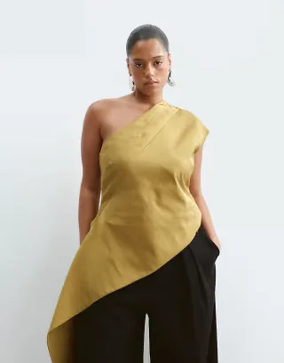 ARRANGE Curve one shoulder drape top in olive