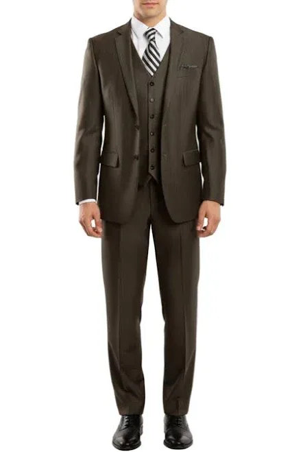 Men's Charcoal Brown 3 Piece Modern Fit Suit 2 Button V-Neck Vest 62 Regular - 56 Waist / Brown