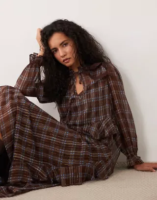 Wednesday's Girl long sleeve ruffle midaxi dress with lace detail in brown tartan
