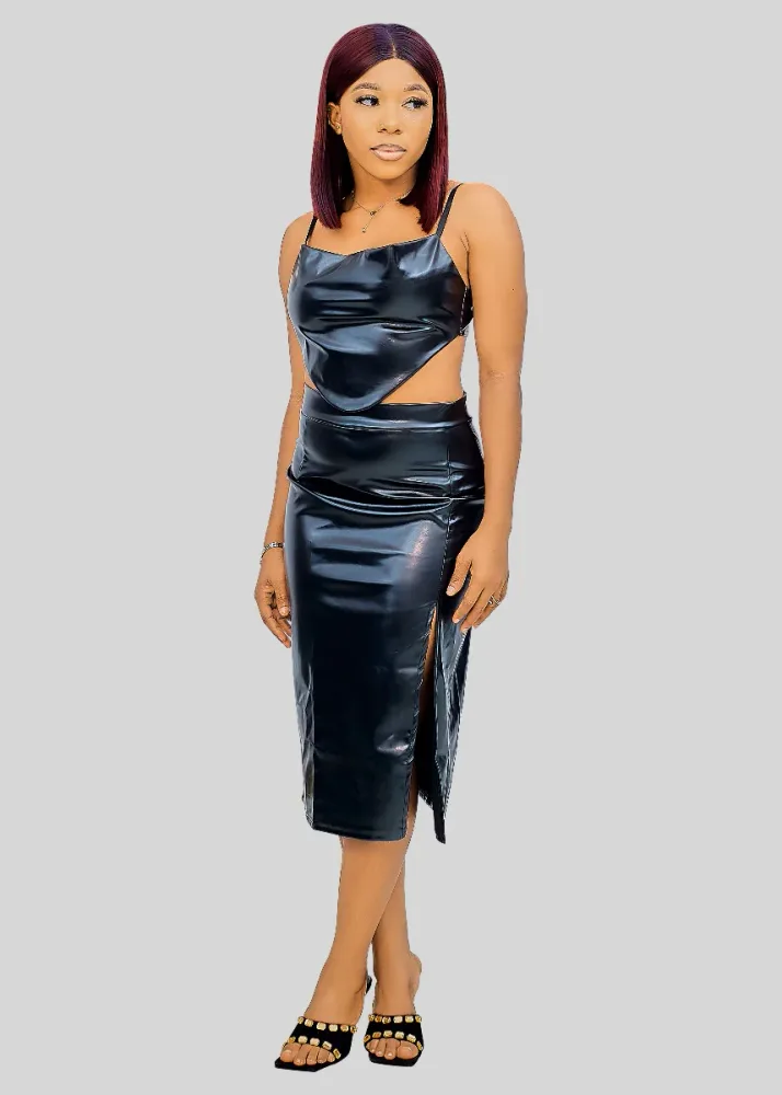LEATHER CURVE CUT CROP TOP AND SLIT SKIRT