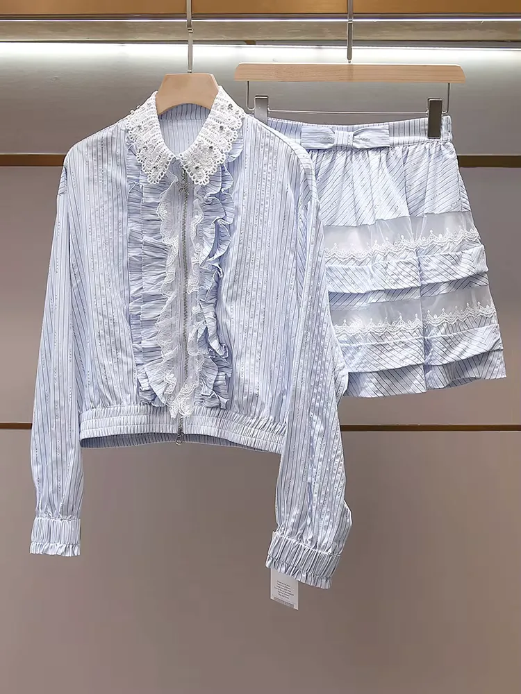 Withered Korean Pleated Jacket Jacket+lace Skirt Striped Set New Two Piece Set Women's Clothing Faldas Skirts