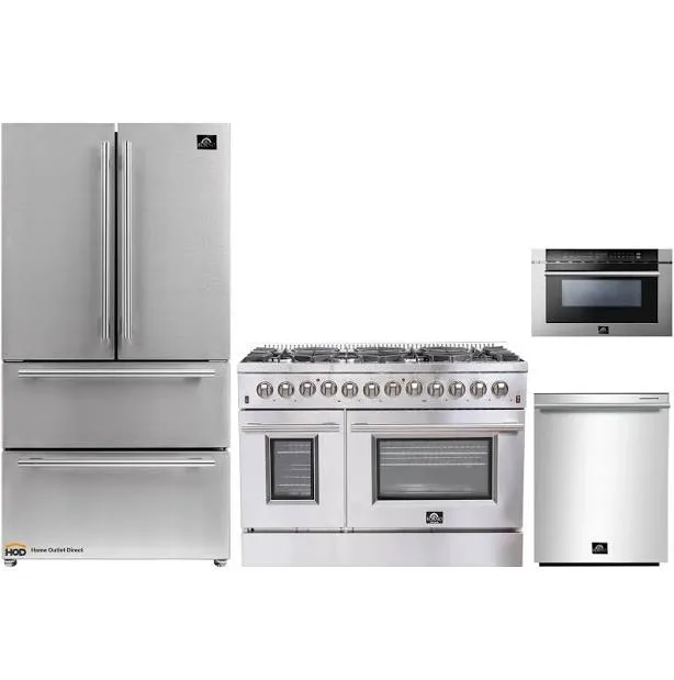 Forno 4-Piece Appliance Package - 48-Inch Dual Fuel Range, Refrigerator, 24-Inch Microwave Drawer, & 3-Rack Dishwasher i