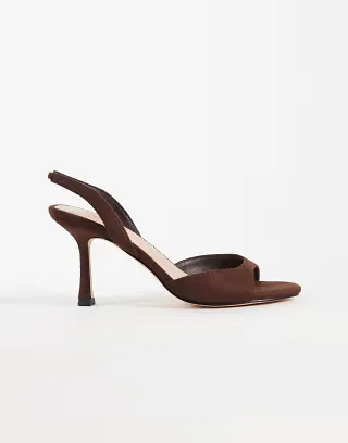 London Rebel Nora faux suede peep toe high heeled sandals in brown