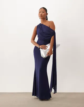 TFNC Petite mesh draped one shoulder tie detail maxi dress in navy