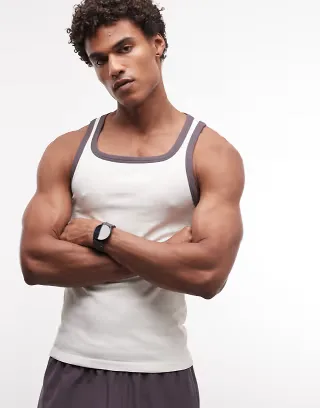 4505 seamless rib knit slim fit tank top with contrast binding in vintage white