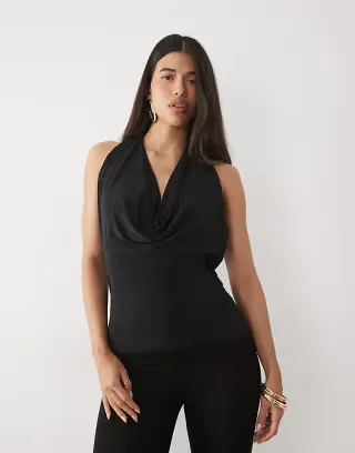 ASOS DESIGN draped back cowl top in black