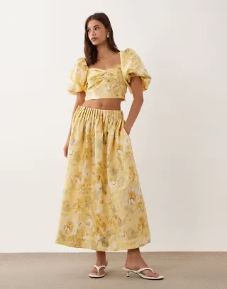 YAS off the shoulder volume sleeve crop top and voluminous midi skirt set in yellow floral print