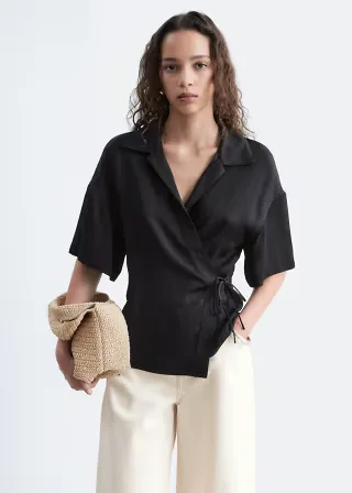 & Other Stories short sleeve wrap linen mix shirt with tie waist detail in black