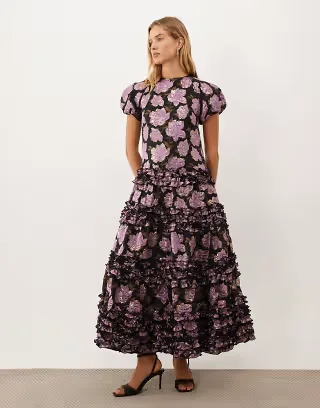 Dream Sister Jane Amythest jacquard cap sleeve drop wait tiered skirt maxi dress in pink floral