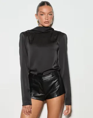 Noughts & Kisses satin high neck drape back detail top in black
