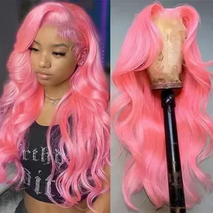 Pink Colored Transparent Front Human Hair Wig Body Wave for Women 360 Lace Frontal Blonde Wigs Synthetic Preplucked