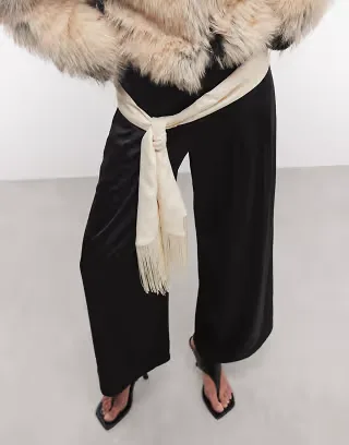 ASOS DESIGN satin fringe tie scarf in cream