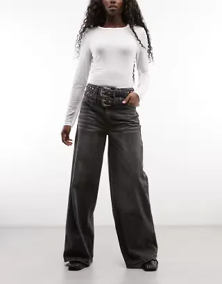 Liquor N Poker double belted straight leg jeans in black